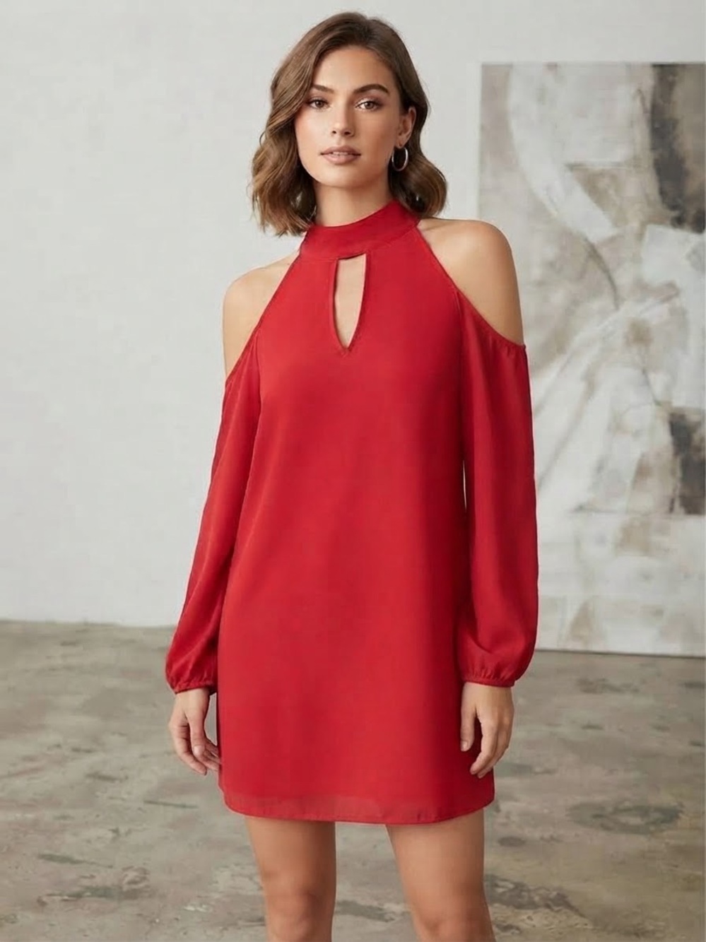 BCX Red Cold-Shoulder Keyhole Mini Dress